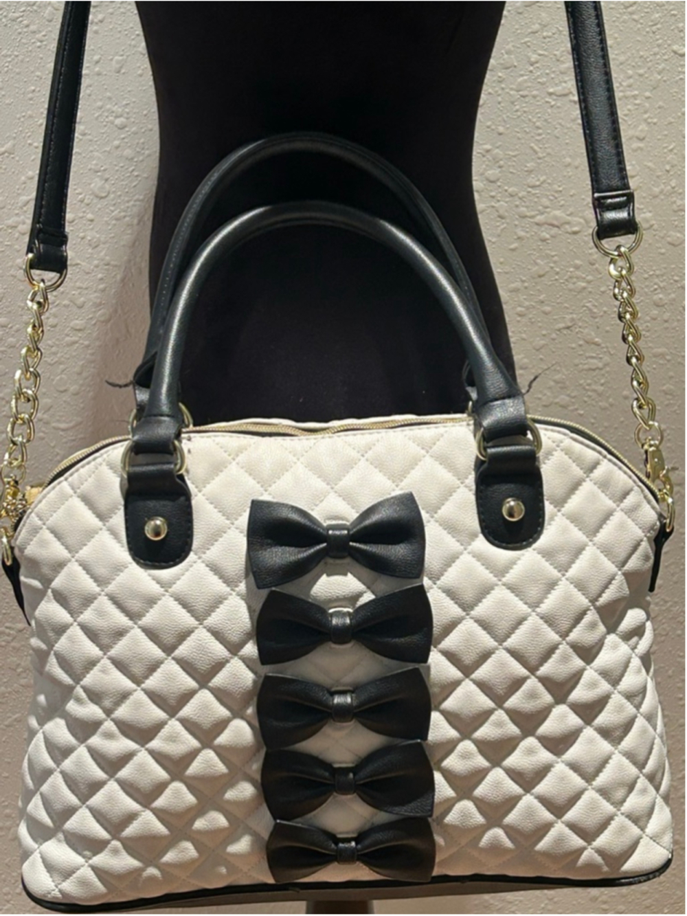 Women's Betsey Johnson Quilted Satchel Bow bag White Black 15 x 10 x 6